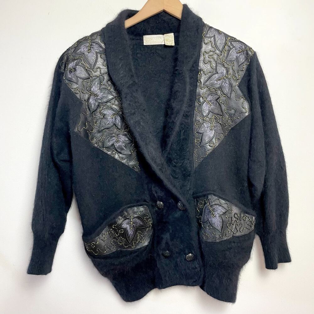 Vintage‎ 80s Angora Cardigan Sweater Large Embroidered Leather Soft Maximalist